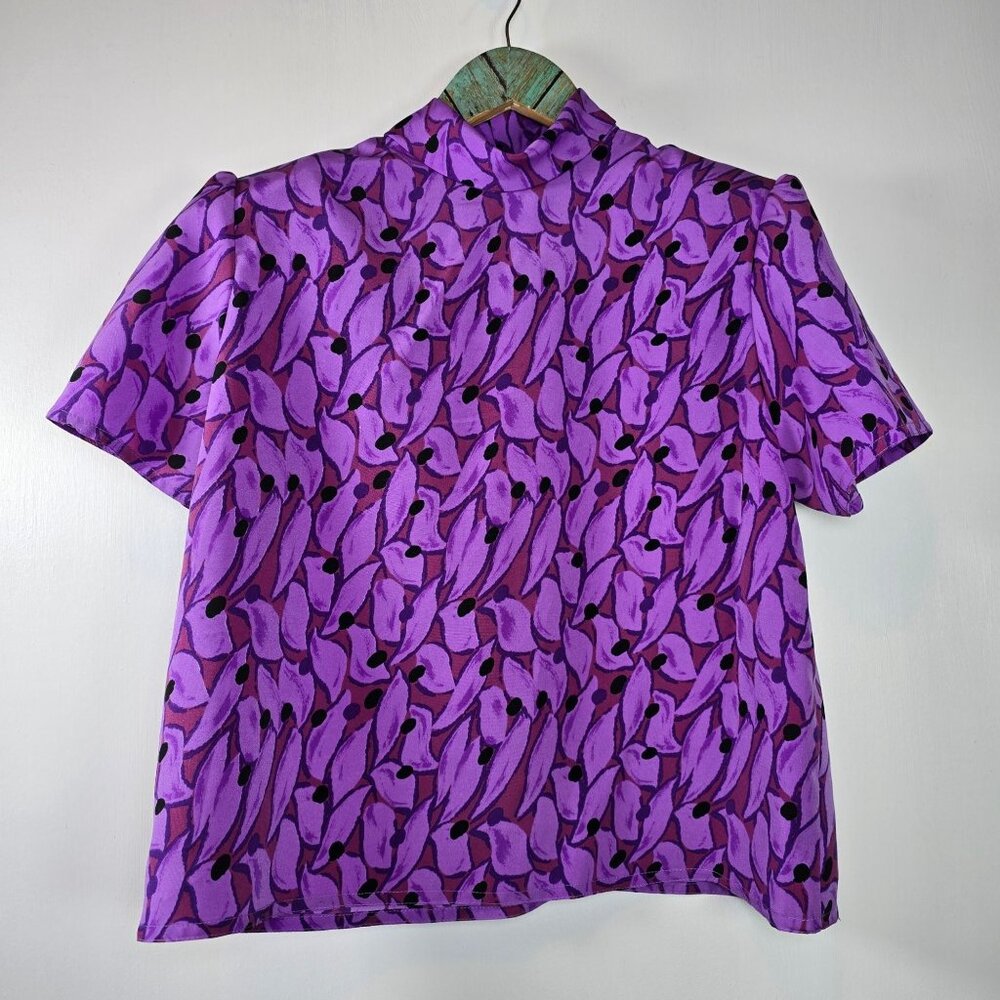 Vintage 1980s Purple Floral High Neck Blouse With Puff Sleeves & Shoulder Pads S